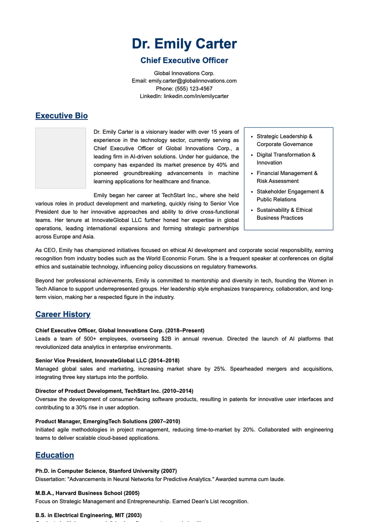 Professional executive bio with photo and skills list_variant_2